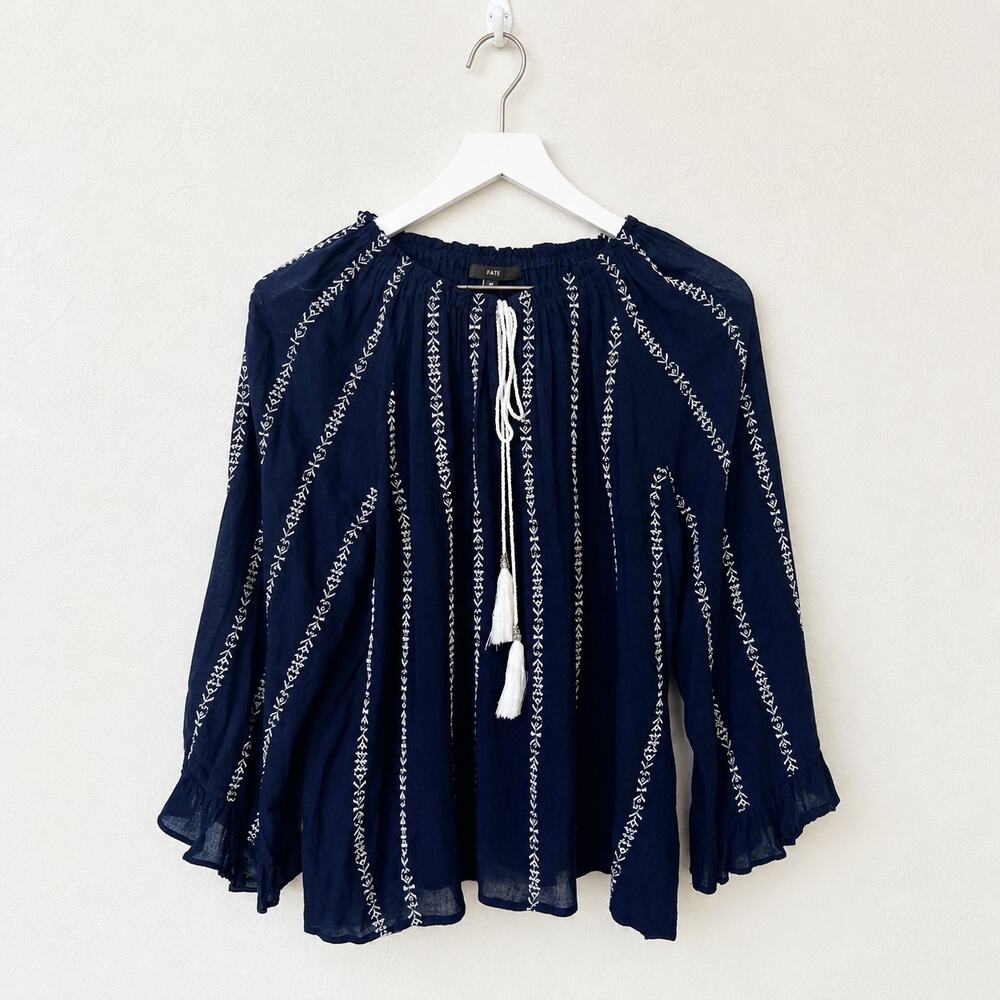 Fate Navy Embroidered Tassel Tie Peasant Blouse Medium Boho